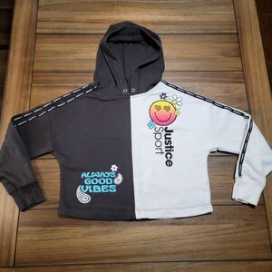 Justice Sport LS Pullover Girls Hoodie B&W "Always Good Vibes" Size Medium (10)